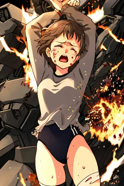 cockpit_explosion, fire, electricity, screaming, explosion, science fiction, tearing clothes, standing, blood, scared, sweat, crying, mecha, torn clothes, tears, cockpit,1girl、wearing black gymnastics bloomers,high leg,white blouse,cowboy shot,self wedgie,...
