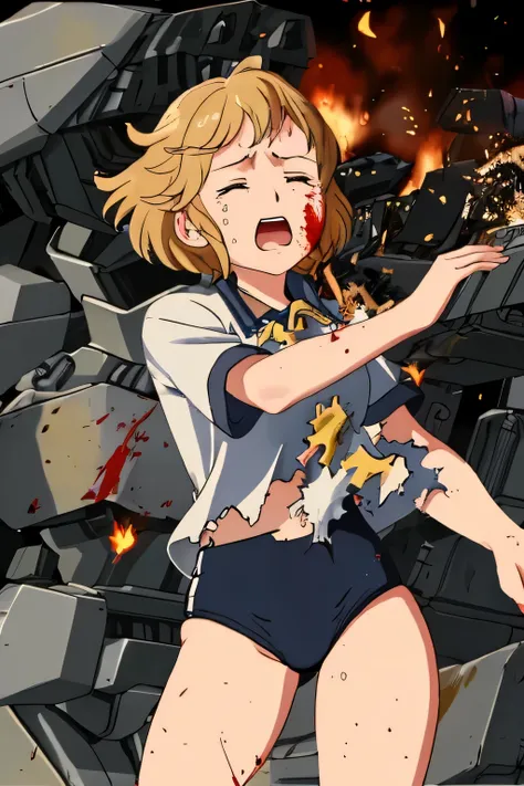 cockpit_explosion, fire, electricity, screaming, explosion, science fiction, tearing clothes, standing, blood, scared, sweat, crying, mecha, torn clothes, tears, cockpit,1girl、wearing black gymnastics bloomers,high leg,white blouse,cowboy shot,self wedgie,...
