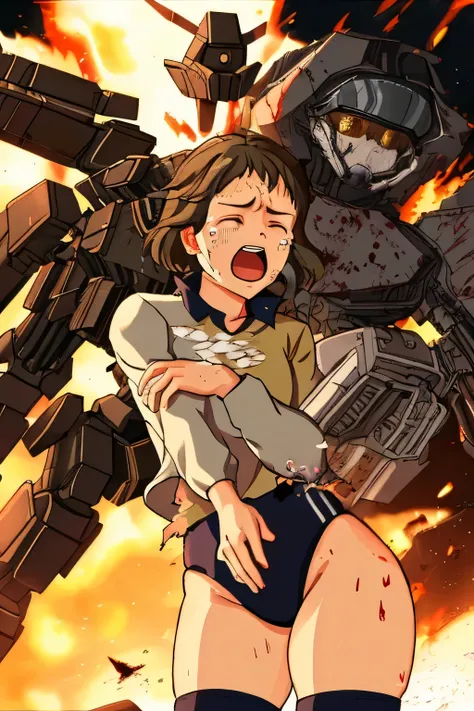 cockpit_explosion, fire, electricity, screaming, explosion, science fiction, tearing clothes, standing, blood, scared, sweat, crying, mecha, torn clothes, tears, cockpit,1girl、wearing black gymnastics bloomers,high leg,white blouse,cowboy shot,self wedgie,...