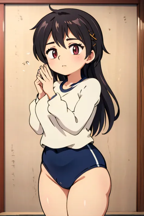 (masterpiece, highest quality), 1 girl, beautiful face, beautiful body,  wearing a Black gymnastics bloomers, High leg、white blouse,    cowboy shot、Are standing、full body portrait、alone, complex details, enlarged textures, complex details, finely detailed ...