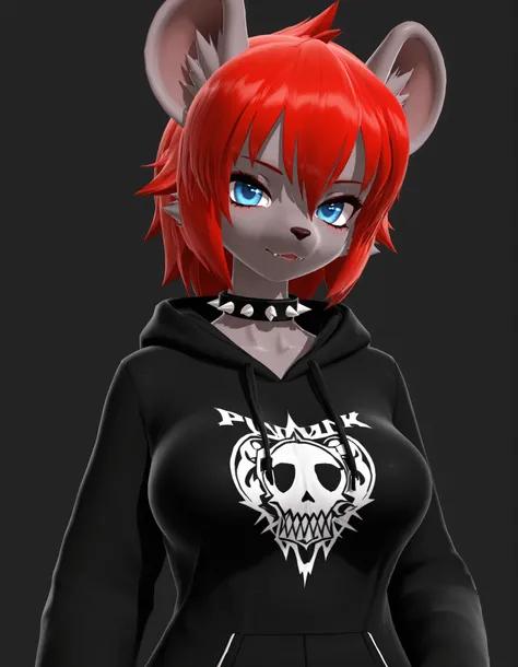 (112, 112 artstyle, 3d, mmd),, 1girl, solo, anthro hyena, furry, furry female, blue eyes, punk, grey fur, black hoodie, breast, spike collar, red hair,