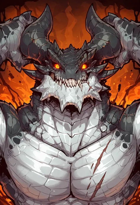 1male, solo, anthro, lizardfolk, anthro dragon lizard, solo, portrait, scaly, detailed scales, experienced predator, monstrous dragon, mercenary, grin, black scales, matte body, torso is well-defined and muscular, body robust and powerful, massive arms, de...