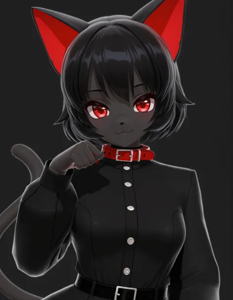 (112, 112 artstyle, 3d, mmd),, masterpiece, best quality, very aesthetic, 1girl, solo, white background, looking at viewer, portrait, paw pose, :3, furry female, cat girl, animal ears, black hair, short hair, black skin, red eyes, cat tail, black jacket, b...