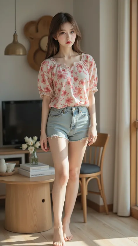 Girl standing in the living room wearing colorful , Charming Girl, Cute Girl, detailed digital art, cute realistic, (big breasts、 cleft)、Gwyds, do, 4K at its best、beautiful girl with and mouth, artwork in the style of Gwyds, Smooth CG Art , (Detailed Han...