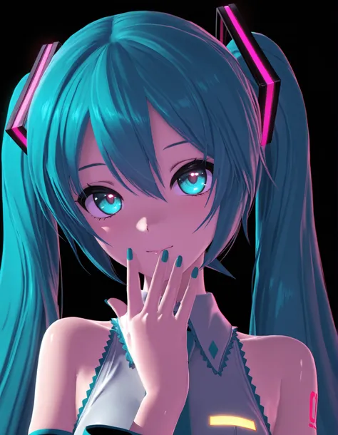 (112, 112 artstyle, 3d, mmd),, Hatsune Miku,limited palette,black background,colorful,vibrant,glowing outline,neon,blacklight,looking at viewer, masterpiece, very aesthetic,