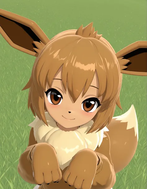 (112, 112 artstyle, 3d, mmd),, pokekid, eevee, fluffy girl, furry girl, female, smile, smiling, has a big pretty bow in her hair, has animal paws for hands, 1girl, best quality, outdoors, high definition, cute,