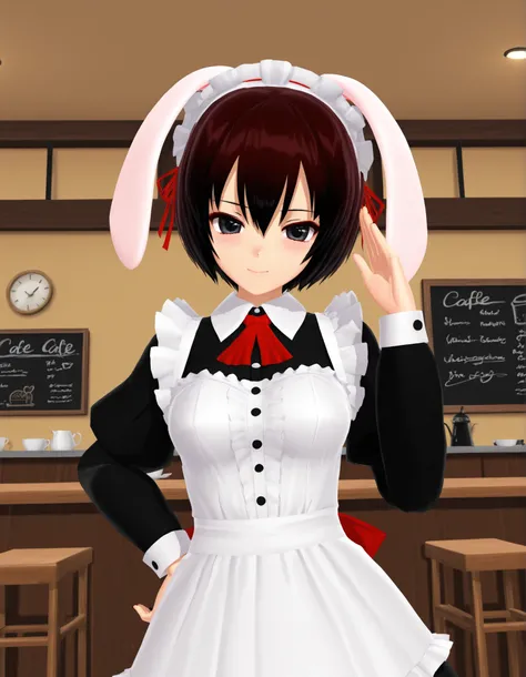 (112, 112 artstyle, 3d, mmd),, solo, Maya Hell,black eyes,dark hair,bob cut,Maid Outfit、White Apron、White Headdress、 with rabbit ears、cafe,