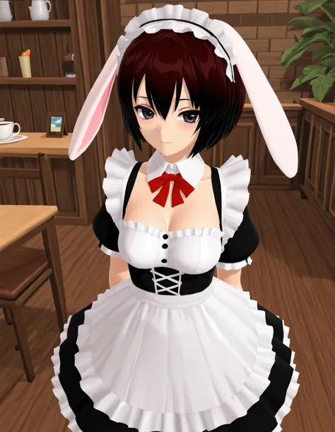 (112, 112 artstyle, 3d, mmd),, solo, Maya Hell,black eyes,dark hair,bob cut,Maid Outfit、White Apron、White Headdress、 with rabbit ears、cafe,