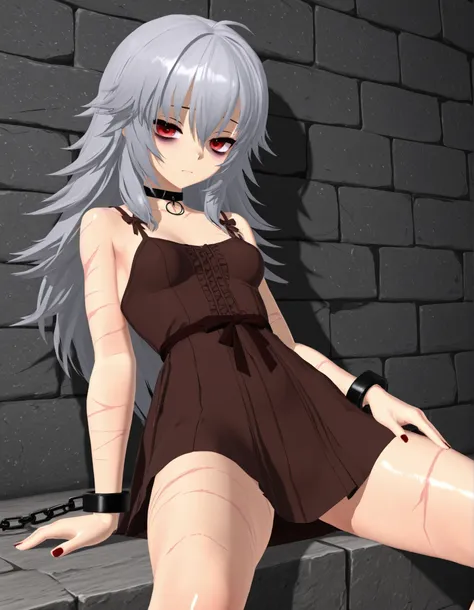 (112, 112 artstyle, 3d, mmd),, stone wall background,1girl, solo, (red eyes), choker, shackles, chains, cowboy shot, open legs, sitting, feet, toes, hands on the sides, OverallDetail, komekko,, (masterpiece, best quality, absurdres), 1girl, solo, small bre...