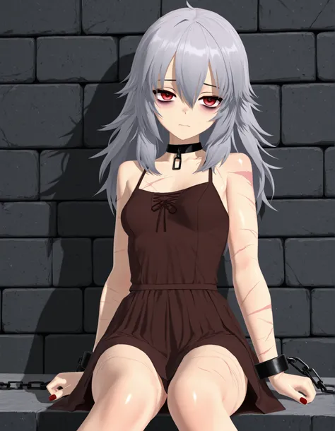 (112, 112 artstyle, 3d, mmd),, stone wall background,1girl, solo, (red eyes), choker, shackles, chains, cowboy shot, open legs, sitting, feet, toes, hands on the sides, OverallDetail, komekko,, (masterpiece, best quality, absurdres), 1girl, solo, small bre...