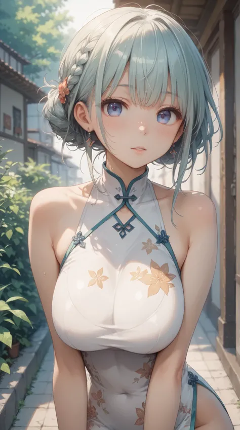 (masterpiece, top quality, best quality)、photoreality、Ultra High Definition、girls, Chinese dress、cute dress、slim hip、thin tights, summer, living、Sunshine, high resolution, Super Detailed、(Blush、Staring fascinatingly )、(big breasts、 cleft)、((Messy Hairstyle...