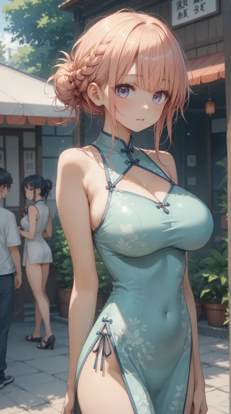 (masterpiece, top quality, best quality)、photoreality、Ultra High Definition、girls, Chinese dress、cute dress、slim hip、thin tights, summer, living、Sunshine, high resolution, Super Detailed、(Blush、Staring fascinatingly )、(big breasts、 cleft)、((Messy Hairstyle...