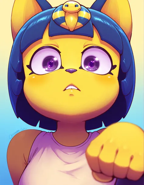 creamgag,, depth of field, 1girl, furry, ankha \(animal crossing\), expressionless, eye reflection, yellow background, yellow theme, blue background, desert,, purple eyes, glowing eyes, wide-eyed, paw pose, looking at viewer, close-up, parted lips,