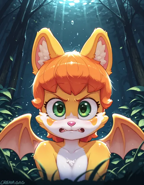 creamgag,, masterpiece, best quality, very aesthetic, (1girl:0.7),, (solo:1.3), furry, fidget \(elysian tail\), nimbat, fidget_daet, anthro, furry female, wings, tail, green eyes, colored sclera, bat wings, facial markings, orange fur, white fur, two-tone ...