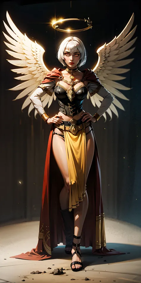 (White background) paladin lady in ornate golden armor, black collar, pauldrons, breastplate, leather corset, glowing halo, short bob hair style, yellow glowing eyes, bright pupils, eye focus, red cape (full body, whole body, 1solo girl) fighter, loincloth...