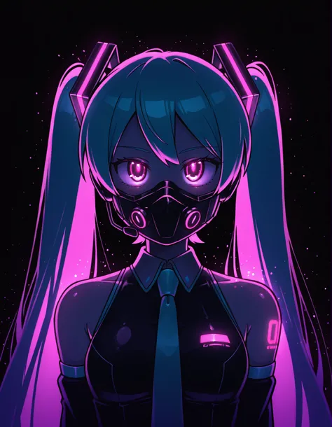 creamgag,, Hatsune Miku,limited palette,black background,colorful,vibrant,glowing outline,neon,blacklight,looking at viewer, masterpiece, very aesthetic,