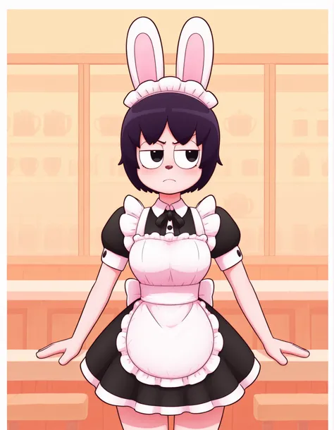 creamgag,, solo, Maya Hell,black eyes,dark hair,bob cut,Maid Outfit、White Apron、White Headdress、 with rabbit ears、cafe,