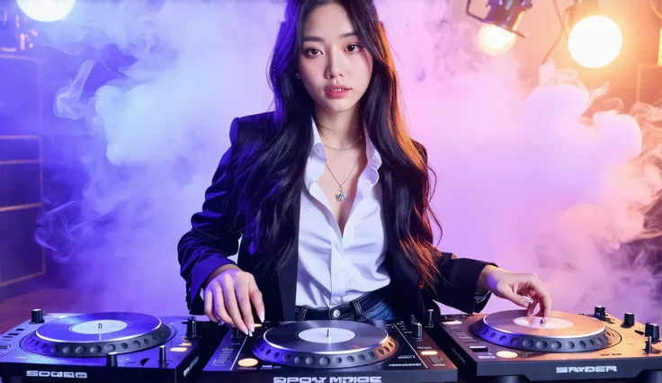 Hyper-realistic, photorealistic image. A captivating Korean-Brazilian young actress, 20-25 years old. She has golden olive skin with a subtle bronze glow. Her long, voluminous black hair features striking turquoise tips, cascading down. Large, expressive b...