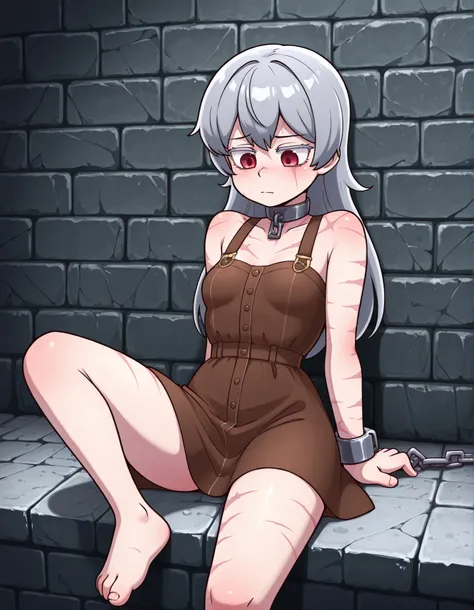 creamgag,, stone wall background,1girl, solo, (red eyes), choker, shackles, chains, cowboy shot, open legs, sitting, feet, toes, hands on the sides, OverallDetail, komekko,, (masterpiece, best quality, absurdres), 1girl, solo, small breasts, dark gray hair...