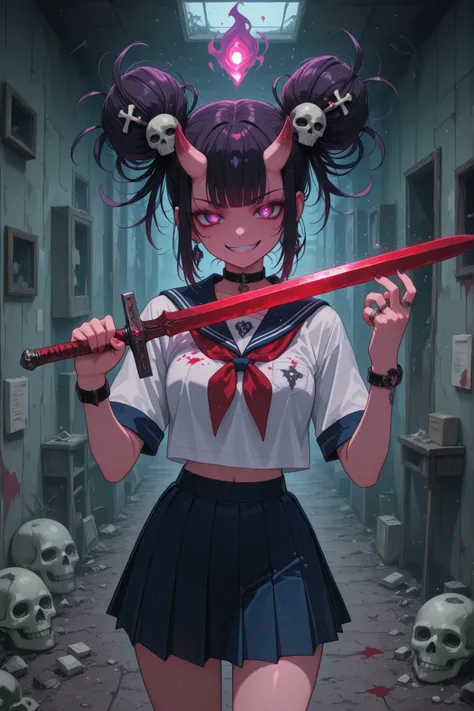 Demon girl postman, schoolgirl, postman spirit, Grin, savagery, short pleated skirt,demonic hairstyle, jewelry, skull hairpin, a package in the hands of, bloody sword,aikido fighting pose