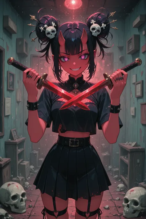 Demon girl postman, schoolgirl, postman spirit, Grin, savagery, short pleated skirt,demonic hairstyle, jewelry, skull hairpin, a package in the hands of, bloody sword,aikido fighting pose