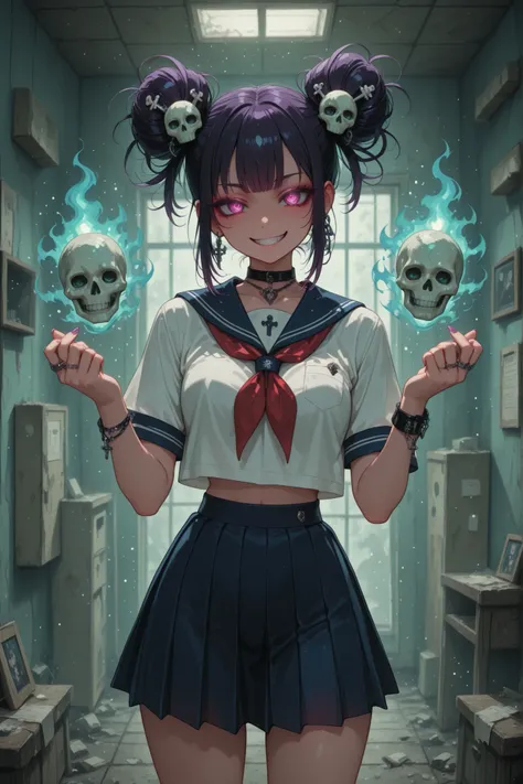 Demon girl postman, schoolgirl, postman spirit, Grin, savagery, short pleated skirt,demonic hairstyle, jewelry, skull hairpin, a package in the hands of, ,fighting pose