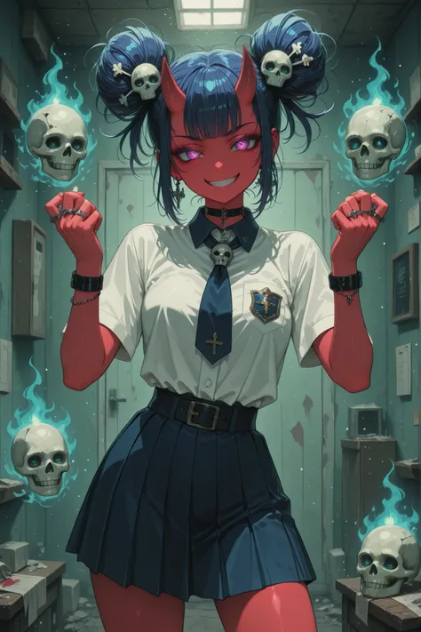 Demon girl postman, schoolgirl, postman spirit, Grin, savagery, short pleated skirt,demonic hairstyle, jewelry, skull hairpin, a package in the hands of, ,fighting pose