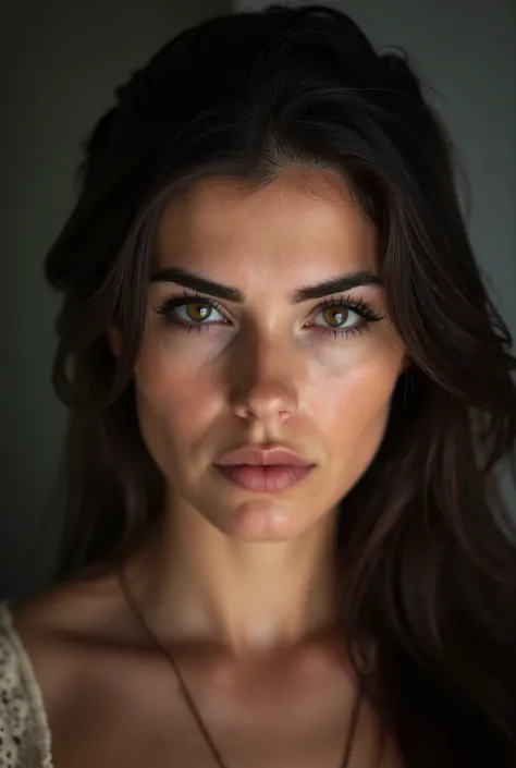 photoreal, psychological dominant girlriend is staring at you with a commanding strict expression, her intense stare has the intend to make the viewer uncomfortable, this woman has a commanding and domineering aura