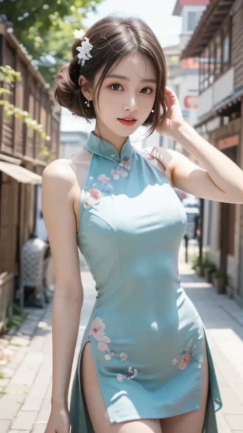 (masterpiece:1.2, top quality, best quality, 超high resolution), photoreality:1.3、Ultra High Definition、girls, Chinese dress、Stylish、summer, living、Sunshine, high resolution, Super Detailed、(Blush、Staring fascinatingly )、(big breasts、 cleft)、((Messy Hairsty...