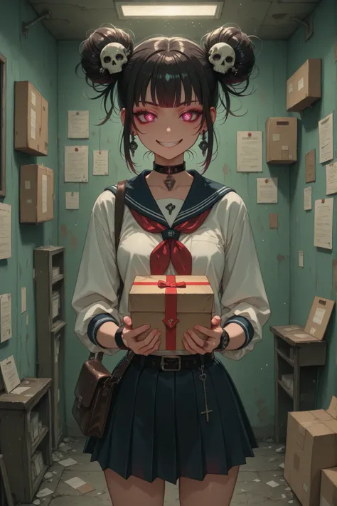 demonic girl ,postman, schoolgirl, дух postmanа, Grin, savagery, short pleated skirt,demonic hairstyle, jewelry, skull hairpin, a package in the hands of, ,fighting pose , mail delivery, paper box in hand, parcel bag, lots of letters around, a bunch of p...