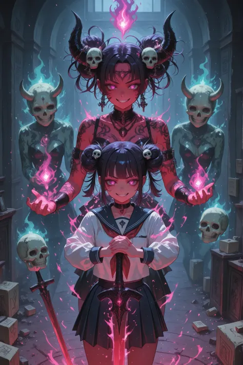 Demon girl postman, schoolgirl, postman spirit, Grin, savagery, short pleated skirt,demonic hairstyle, jewelry, skull hairpin, a package in the hands of, bloody sword,aikido fighting pose, magic aura of the sword, hieroglyphs in the air,