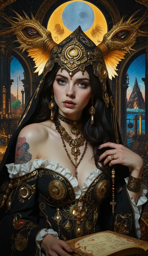 Surreal Painting, An extravagant, mysterious female figure dressed in intricately embroidered black and white finely cut seductive attire that hides nothing about her perfectly made voluptuos and statuesque form that recalls tales of Helen of Troy or Pers...