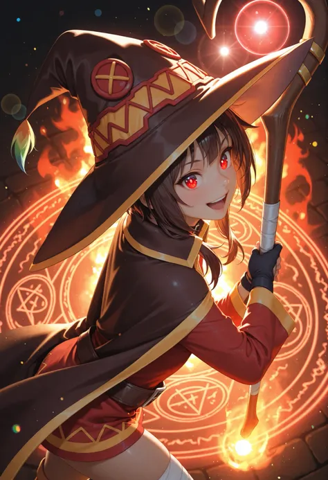 1girl,solo,megumin \(cosplay\),kono subarashii sekai ni shukufuku wo!,
magic,staff,smile,:d,
particles,effect,magic circle,
dynamic,fire,rainbow fire,thighs,from side,from above,female focus,face focus,(glowing,lens flare:1.3),dynamic pose,
masterpiece,abs...