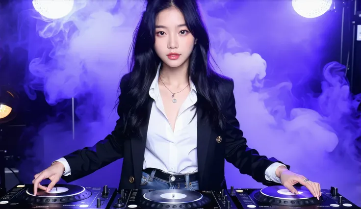 Hyper-realistic, photorealistic image. A captivating Korean-Brazilian young actress, 20-25 years old. She has golden olive skin with a subtle bronze glow. Her long, voluminous black hair features striking turquoise tips, cascading down. Large, expressive b...