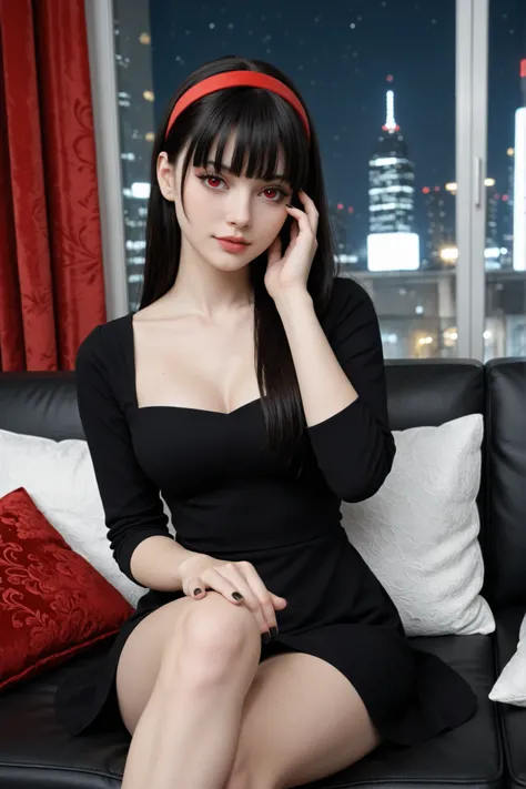 score_9, score_8_up, score_7_up, medium shot, 1girl, red eyes, European beauty, beautiful face, black hair, straight hair, red headband, blunt bangs, eyelashes, pale white skin, black sundress, short dress, collared dress, collarbone, bowtie, long sleeve, black nail polish, crossed legs, hand on own face, sitting, (red velvet curtain), black couch, city at night view, ambient light