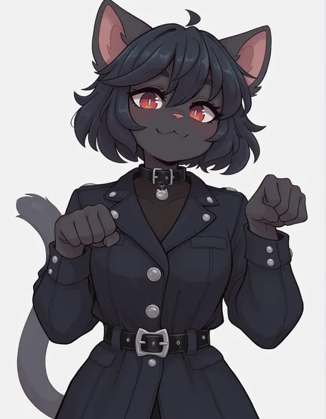 TR00L005TY13,, masterpiece, best quality, very aesthetic, 1girl, solo, white background, looking at viewer, portrait, paw pose, :3, furry female, cat girl, animal ears, black hair, short hair, black skin, red eyes, cat tail, black jacket, buttons, long sleeves, black belt, collar, masterpiece, best quality,