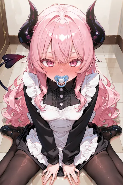 high image quality Ultimate Masterpiece Detailed depiction 1 girl Sharp Horns Devil's Tail Glossy pink hair voluminous eyelashes wavy soft hair slim figure small breasts (black long sleeve knit white apron pacifier) Devil's Tail (Black tights) cute kind ...