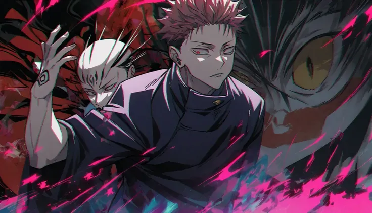 
---

"Create a dynamic and intense artwork featuring Yuji Itadori and Sukuna from 'Jujutsu Kaisen.' Yuji should be depicted in a powerful stance, with determination in his eyes, while Sukuna's malevolent presence looms behind him, embodying his sinister n...