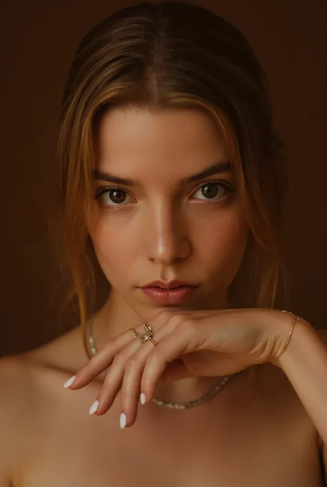 The image portrays a woman's hand and part of her neck, exuding an elegant and intimate ambiance. Her fingers are adorned with delicate rings, and she has manicured nails painted a glossy white, complementing the soft aesthetics. A thin silver necklace res...