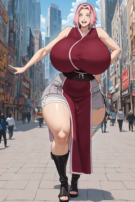 chocovenus, chocovenus body type,  gigantic breasts, narrow waist, wide hips, thick thighs,  small head, happy, sakura haruno, walked, fullbody art, city background
