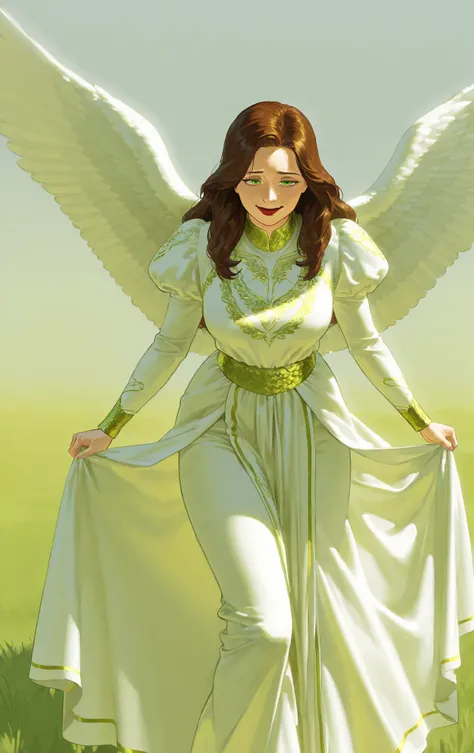 1woman, long chestnut brown hair, green eyes, red lipstick, curvy and maternal figure, white angel wings, soft yet commanding presence, dressed in flowing white gown with green-gold embroidery, standing on grassy field under daylight, isolated plain backgr...