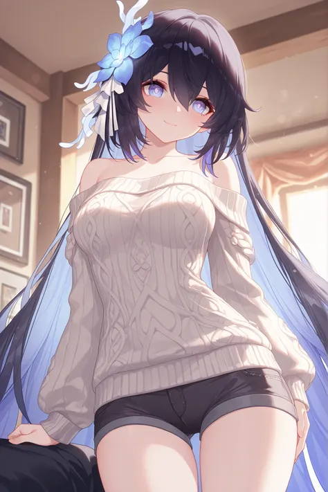 ultra-detailed,(best quality),((masterpiece)),(highres),original,extremely, beautiful woman, Seele_Alt, Herrscher of Rebirth, honkai  impact, 1girl, girl friend, little smile, breasts, sweater, short pants,