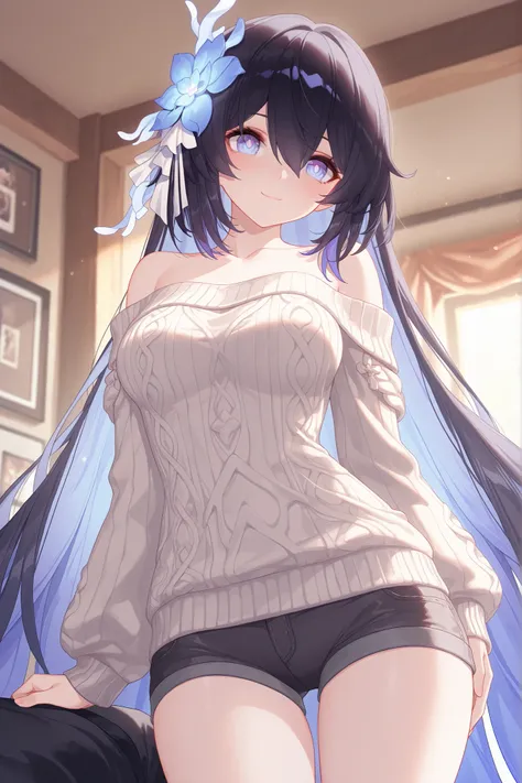 ultra-detailed,(best quality),((masterpiece)),(highres),original,extremely, beautiful woman, Seele_Alt, Herrscher of Rebirth, honkai  impact, 1girl, girl friend, little smile, breasts, sweater, short pants,