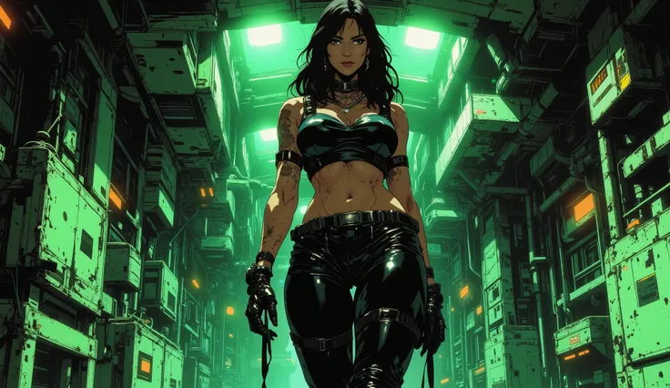 [[Anime Scene]] Masterpiece, The setting of a futuristic spaceship, cyberpunk style, with a dark and retro atmosphere, inspired by 90s anime. An empty corridor of a ship, A woman with a very beautiful and sexy body, she is tall and has a sexy body, large b...