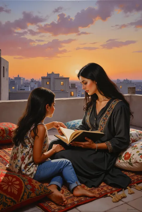 created a painting with oil painting with huge details , In the style of the artist Leonardo Davinci , In the era of the European renaissance , . A fully detailed painting of an Arab woman sitting on the roof of the house on an Arabic carpet with a book i...