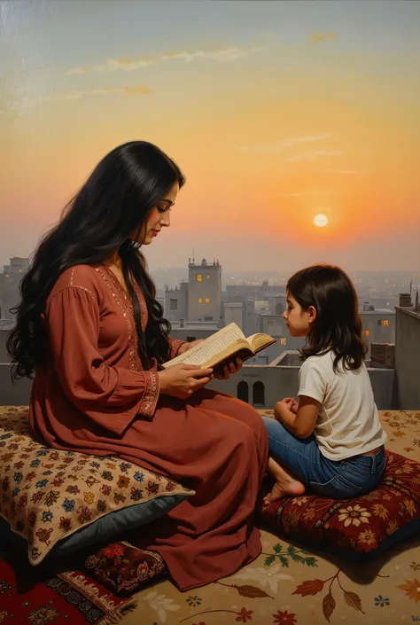 created a painting with oil painting with huge details , In the style of the artist Leonardo Davinci , In the era of the European renaissance , . A fully detailed painting of an Arab woman sitting on the roof of the house on an Arabic carpet with a book i...