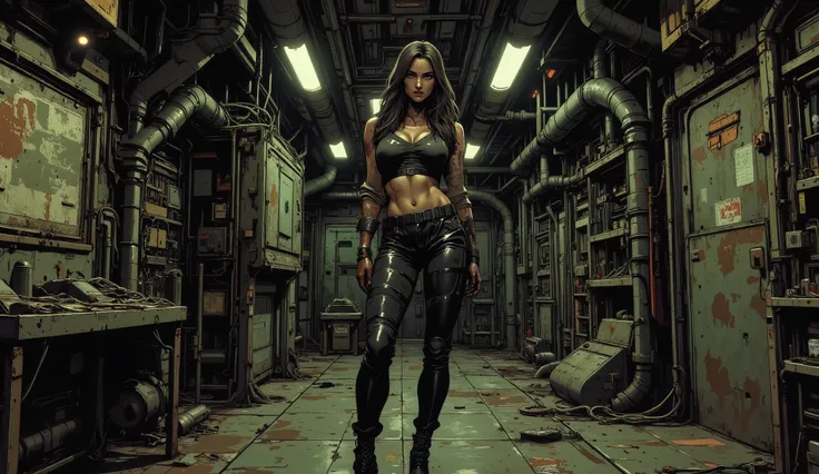 [[Anime scene]] Masterpiece, The setting of a futuristic spaceship, cyberpunk style, with a dark and retro atmosphere, inspired by 90's anime. An empty corridor of a ship, A woman with a very beautiful and sexy body, she is tall and has a sexy body, large ...