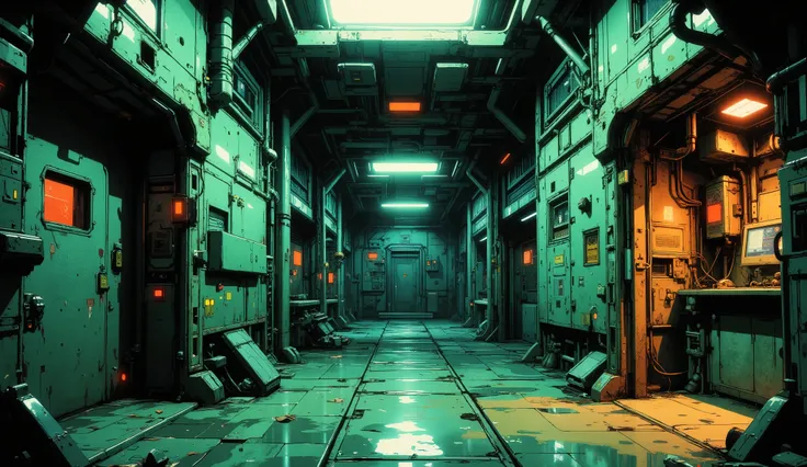 [[Anime Scene]] Masterpiece, The setting of a futuristic spaceship corridor, cyberpunk style, with a dark and retro atmosphere, inspired by 90's anime. An empty corridor of a ship, the interior of the ship is dimly lit, [[Low angle]] the background is dark...