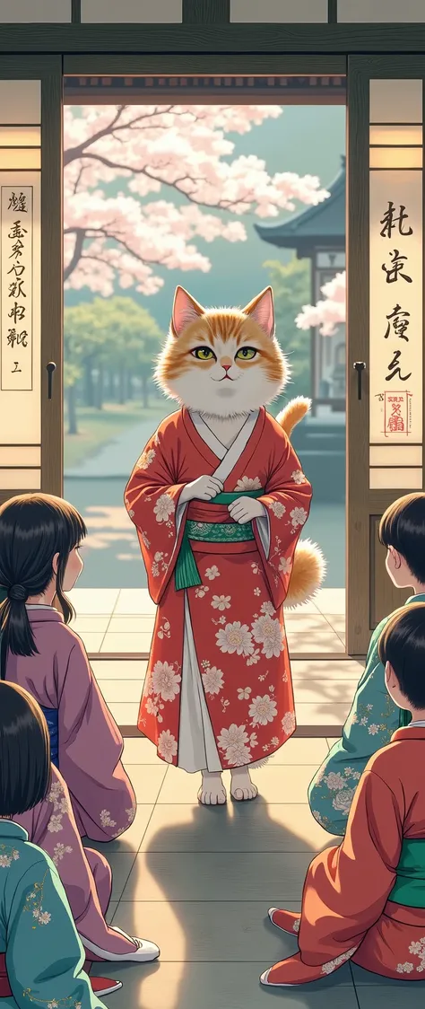 highdefinition image、Terakoya at the temple、teaching the kids、Torajima's cute cat teacher、