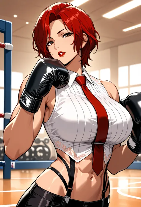 Anime style, 1 girl, solo, looking at viewer, mature woman, ((Vanessa from KOF)), short red hair, waved hair, parted bangs down, brown eyes, red lips, parted lips, white tanktop, big breasts, abs, toned body, slim waist, attractive, motherly, red tie, lace...